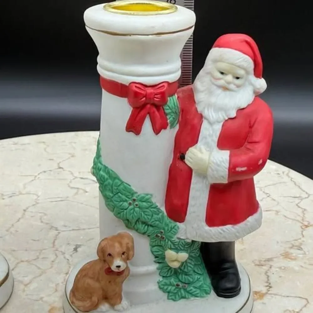 Vintage Hand-painted Santa and Mrs. Claus Christmas Candle Holders 4” Tall